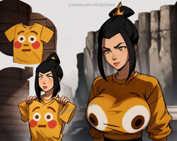  1girls ai_generated alternate_breast_size anime avatar_legends avatar_the_last_airbender azula black_hair breasts dinixdream emoji female female_only gigantic_breasts huge_breasts human large_breasts meme nickelodeon patreon patreon_username shirt solo 