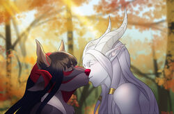  2020 anthro artist_name bangs black_hair blizzard_entertainment canid canine closed_eyes conditional_dnp digital_media_(artwork) draenei duo eyebrows eyelashes female female/female hair horn humanoid humanoid_pointy_ears kissing light light_beam long_hair mammal outside plant shaded sunbeam sunlight tree warcraft white_hair wolfbane154 