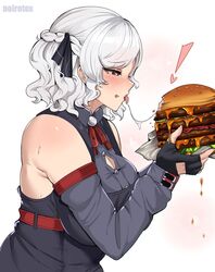  ! artist_name black_gloves black_ribbon black_shirt blush braid breasts burger button_gap cleavage commentary_request crown_braid detached_sleeves dripping female fingerless_gloves fingernails food food_bite food_on_face girls&#039;_frontline gloves glutton grey_sleeves hair_ribbon half-closed_eyes heart heart-shaped_pupils highres holding holding_food large_breasts medium_hair neck_ribbon noiretox open_mouth profile red_eyes red_ribbon ribbon saliva saliva_trail sexually_suggestive shirt simple_background sleeveless sleeveless_shirt solo spas-12_(girls&#039;_frontline) sweat symbol-shaped_pupils tongue tongue_out twintails upper_body white_background white_hair 