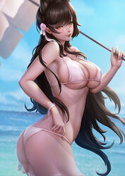  ass atago_(azur_lane) atago_(summer_march)_(azur_lane) azhang azur_lane bikini black_hair breasts covered_nipples day female flower hair_flower hair_ornament hair_ribbon halterneck long_hair ocean official_alternate_costume outdoors photoshop_(medium) ribbon sarong see-through skindentation sky solo swimsuit umbrella water white_ribbon yellow_eyes 