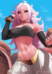  abs android_21 bandeau black_bandeau black_sclera black_tube_top blue_sky breasts closed_mouth cloud colored_sclera colored_skin commentary_request crop_top day dragon_ball dragon_ball_fighterz female hair_between_eyes highres long_hair looking_at_viewer majin_android_21 medium_breasts midriff navel patreon_username pink_skin pointy_ears putcher red_eyes sky smile solo strapless tail tube_top 