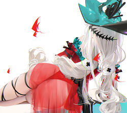  aqua_gloves aqua_headwear arknights ass clothing_cutout dress female from_behind gloves leg_ribbon long_hair low-tied_long_hair lying official_alternate_costume omone_hokoma_agm on_side orca_hair_ornament red_dress red_skirt ribbon see-through see-through_skirt skadi_(arknights) skadi_the_corrupting_heart_(arknights) skindentation skirt solo thick_thighs thigh_cutout thigh_strap thighs white_background white_hair 