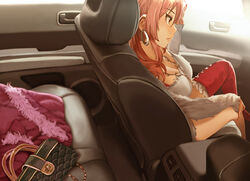  bad_id bad_pixiv_id bag car_interior car_seat commentary_request earrings female fur_(clothing) hamedoragon handbag idolmaster idolmaster_cinderella_girls jewelry jougasaki_mika looking_ahead nail_polish pink_hair solo yellow_eyes 