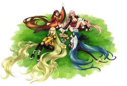  4girls absurdly_long_hair asymmetrical_wings baiken belt blonde_hair blue_hair breasts brown_hair brush chinese_clothes cleavage closed_eyes commentary covered_nipples detached_sleeves dizzy_(guilty_gear) eyepatch fingerless_gloves flower frown gloves grass guilty_gear guilty_gear_xrd hair_between_eyes hair_ornament hair_ribbon hairclip hand_up high_heels highres huge_breasts jako_(toyprn) japanese_clothes kimono kiseru kuradoberi_jam large_breasts license_plate long_hair millia_rage monster_girl multiple_girls one-eyed pantyhose parted_lips pink_hair ribbon sash scar scar_across_eye scar_on_face seiza sitting smoking_pipe tail tail_ornament tail_ribbon thick_thighs thigh_strap thighhighs thighs very_long_hair white_background wings yellow_ribbon 