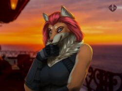  4:3 absurd_res anthro brazil breasts camilla_queen canid canine canis car clothed clothing detailed_background digital_media_(artwork) female fox hair hi_res machine mamaubear mammal resort shaded smile soft_shading solo sunset vehicle wolf 