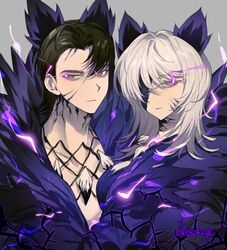  1boy animal_ears anzekeye black_hair breasts coat e.g.o_(project_moon) electricity faust_(project_moon) female grey_eyes highres jewelry large_breasts limbus_company long_hair looking_at_viewer meursault_(project_moon) necklace parted_lips project_moon purple_coat purple_eyes upper_body white_hair wolf_boy wolf_ears wolf_girl 