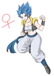  :d blue_eyes blue_hair blue_sash breasts cleavage clenched_hands collarbone dragon_ball dragon_ball_super dragon_ball_super_broly female full_body genderswap_(mtf) gogeta highres looking_at_viewer metamoran_vest open_mouth pants rule_63 sash simple_background smile solo spiked_hair super_saiyan super_saiyan_blue taka_lovecheese venus_symbol white_background white_pants 