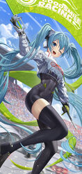  ;d absurdres aqua_hair black_bodysuit black_thighhighs blue_eyes blush bodysuit breasts commentary covered_navel cropped_jacket female flag gloves goodsmile_racing happy hatsune_miku headphones highres holding holding_flag linea_alba long_hair long_sleeves looking_at_viewer one_eye_closed open_mouth race_queen racing racing_miku racing_miku_(2022) silvertsuki single_thighhigh small_breasts smile solo teeth thighhighs thighs twintails two-tone_gloves upper_teeth_only very_long_hair vocaloid 