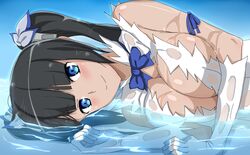  arm_ribbon bare_shoulders black_hair blue_bow blue_eyes blue_neckwear blue_ribbon blue_sky blush bow breasts cleavage closed_mouth collarbone commentary_request dress dungeon_ni_deai_wo_motomeru_no_wa_machigatteiru_darou_ka ero_daisuki female gloves hair_between_eyes hair_ribbon hestia_(danmachi) highres large_breasts long_hair looking_at_viewer lying lying_on_water ocean partially_submerged pencil_dress rei_no_himo ribbon see-through short_dress sidelocks sky sleeveless sleeveless_dress smile solo sparkle twintails very_long_hair water wet wet_clothes wet_dress wet_hair white_dress white_gloves 