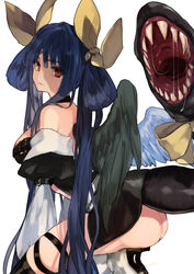  angel_wings ass asymmetrical_wings back belt black_legwear black_panties blue_hair boots breasts butt_crack choker cleavage collarbone commentary_request detached_sleeves dizzy_(guilty_gear) feathered_wings female from_side guilty_gear guilty_gear_x guilty_gear_xx hair_between_eyes hair_rings high_heels large_breasts long_hair looking_at_viewer looking_back looking_to_the_side maka_(morphine) monster_girl open_mouth panties parted_lips puffy_sleeves ribbon saliva saliva_trail seiza sharp_teeth sitting tail tail_mouth tail_ornament tail_ribbon teeth thick_thighs thigh_strap thighhighs thighs twintails underwear wings 