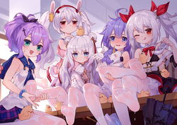  +_+ 5girls :d ;q absurdres ahoge animal_ears animal_on_head azur_lane bare_shoulders bikini bikini_top_only bird black_bikini blush bright_pupils chick chinese_commentary commentary_request double_bun dress eyes_visible_through_hair fake_animal_ears feet full_body green_eyes hair_between_eyes hair_bun hairband highres holding holding_behind_back holding_clothes holding_footwear holding_legs javelin_(azur_lane) jitome laffey_(azur_lane) le_malin_(azur_lane) legs long_hair looking_at_viewer manjuu_(azur_lane) medium_hair multiple_girls no_shoes nose_blush on_head one_eye_closed open_mouth pantyhose petite pleated_skirt ponytail purple_eyes purple_hair purple_ribbon rabbit_ears revision ribbon sidelocks sitting skirt smile soles stuffed_animal stuffed_toy stuffed_unicorn stuffed_winged_unicorn swimsuit tears thighhighs tongue tongue_out tsubasa_tsubasa twintails umbrella underwear unicorn_(azur_lane) v-shaped_eyebrows vampire_(azur_lane) very_long_hair wet wet_legwear white_dress white_hair white_pantyhose wide_ponytail 