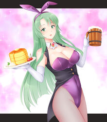  alternate_costume animal_ears bare_shoulders beer_mug blush breasts cecilia_(fire_emblem) cleavage commentary_request cowboy_shot cup detached_collar elbow_gloves fake_animal_ears female fire_emblem fire_emblem:_the_binding_blade food gloves green_eyes green_hair ham_pon highres holding holding_cup large_breasts leotard long_hair looking_at_viewer mug open_mouth pancake pantyhose pink_background playboy_bunny purple_leotard rabbit_ears smile solo star_(symbol) strapless strapless_leotard very_long_hair waitress white_gloves 