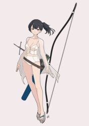  alternate_costume arrow_(projectile) bikini black_hair bow_(weapon) breasts female full_body highres holding holding_bow_(weapon) holding_weapon kaga_(kancolle) kantai_collection long_hair medium_breasts neve_(morris-minicooper) paid_reward_available quiver shawl short_sidetail side_ponytail solo swimsuit weapon white_bikini white_shawl yellow_eyes yumi_(bow) 