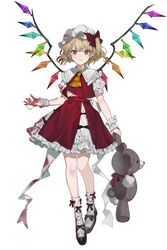  absurdres ascot black_footwear blonde_hair blood blood_on_clothes blood_on_face blood_on_hands bow closed_mouth commentary crystal daimaou_ruaeru female flandre_scarlet frills full_body hand_up hat hat_bow highres holding holding_stuffed_toy looking_at_viewer medium_hair mob_cap overskirt puffy_short_sleeves puffy_sleeves red_bow red_eyes red_skirt red_vest shirt shoes short_sleeves simple_background skirt smile socks solo stuffed_animal stuffed_toy teddy_bear touhou vest white_background white_shirt white_skirt white_socks wings wrist_cuffs yellow_ascot 