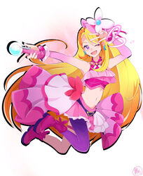  artist_name asymmetrical_bangs belt black_belt blonde_hair boots bow_skirt braid braided_bangs bridal_gauntlets brooch butterfly_earrings butterfly_hat_ornament commentary cropped_shirt cure_butterfly earrings elbow_gloves female floating frilled_shirt frills gloves hat hat_ornament highres hijiri_ageha hirogaru_sky!_precure holding jewelry legs_up long_hair looking_at_viewer magical_girl microskirt midriff mob_cap mochi_curry multicolored_hair navel one_eye_closed open_mouth orange_hair overskirt pantyhose pink_footwear pink_gloves pink_hat pink_shirt pink_skirt pleated_skirt precure purple_eyes purple_pantyhose shirt signature simple_background single_leg_pantyhose skirt sky_mirage sleeveless sleeveless_shirt smile solo streaked_hair tilted_headwear very_long_hair w_over_eye white_background wing_brooch 