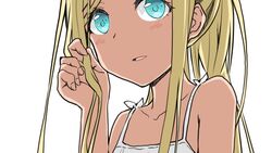  aqua_eyes blonde_hair blue_eyes blush collarbone commentary_request dark-skinned_female dark_skin female idolmaster idolmaster_cinderella_girls kagiana layla_(idolmaster) long_hair looking_at_viewer open_mouth simple_background smile solo white_background 