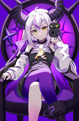  absurdres ahoge bird bird_on_hand black_dress closed_mouth crossed_legs crow_(la+_darknesss) demon_horns detached_sleeves dress feet_out_of_frame female hair_between_eyes highres hololive horns la+_darknesss la+_darknesss_(1st_costume) long_hair long_sleeves looking_at_viewer multicolored_hair oerba_yun_fang pension_z purple_background purple_hair purple_legwear simple_background single_leg_pantyhose sitting skin_fang solo streaked_hair throne virtual_youtuber white_hair yellow_eyes 