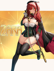  aiguillette azur_lane beret between_breasts black_cape black_hat black_thighhighs breasts cape character_name cleavage cleavage_cutout closed_mouth clothing_cutout commentary covered_navel dress female garter_straps gloves green_footwear hand_up hat highres holding holding_sword holding_weapon huge_breasts leg_up long_hair long_sleeves looking_at_viewer oekakizuki red_hair shoes skindentation smile smirk solo standing standing_on_one_leg sword thighhighs thighs weapon white_gloves yellow_background yellow_eyes zara_(azur_lane) 