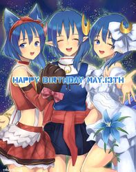  3girls ahoge animal_ears blue_eyes blue_hair blue_skirt blush breasts cape cat_ears crescent crescent_hair_ornament crop_top gloves hair_ornament happy_birthday highres looking_at_viewer multiple_girls multiple_persona murata_tefu open_mouth pointy_ears red_cape rena_lanford short_hair skirt smile star_ocean star_ocean_anamnesis star_ocean_the_second_story 