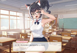  animal_humanoid black_body black_fur black_hair blush breasts cat_humanoid classroom clothed clothing cygames desk eyewear felid felid_humanoid feline feline_humanoid female fully_clothed fur furniture glasses green_eyes hair hair_bun hi_res humanoid inner_ear_fluff inside japanese_text kyaru_(princess_connect!) long_hair mammal mammal_humanoid pn_(wnsl216) princess_connect! princess_connect!_re:dive school simple_background small_breasts solo table teacher text tied_hair tight_clothing tuft 