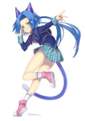  alternate_costume animal_ears belt_collar blue_hair blue_tail capelet cat_ears cat_tail closed_mouth collar female flower green_eyes hair_intakes highres long_hair looking_at_viewer low_twintails meracle_chamlotte miniskirt murata_tefu neck_ribbon ribbon shoes simple_background skirt smile socks solo standing standing_on_one_leg star_ocean star_ocean_anamnesis star_ocean_the_last_hope tail twintails white_background 