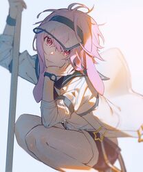  1boy animal_ears ansel_(arknights) ansel_(casual_vacation)_(arknights) arknights black_shorts closed_mouth highres holding long_sleeves looking_at_viewer male_focus mirin_chikuwa official_alternate_costume otoko_no_ko pink_eyes pink_hair rabbit_boy rabbit_ears shirt shorts solo squatting visor_cap watch white_shirt wristwatch 