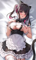  animal_ears apron belt_bra black_bow black_bowtie black_hair blunt_bangs blush bow bowtie breasts commentary earrings female garter_straps highres indie_virtual_youtuber jewelry lying maid maid_apron maid_headdress multicolored_hair nail_polish on_bed purple_hair rikotan_(vtuber) shuvi_(shuvi1125) side_ponytail single_garter_strap solo thighhighs underboob virtual_youtuber waist_apron white_thighhighs wrist_cuffs 