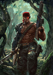  1boy abs ammunition_belt artificial_eye bandana belt belt_buckle buckle colonel_&quot;iron_hand&quot;_straken commission cyborg dual_wielding english_commentary forest glowing glowing_eye gun highres holding holding_gun holding_sword holding_weapon holster holstered_weapon male_focus manly mechanical_arms mechanical_eye muscular muscular_male nature parody rambo red_bandana rifle scouter sgt_lonely shotgun shotgun_shell single_mechanical_arm skull_ornament solo sword thigh_holster topless_male warhammer_40k weapon 