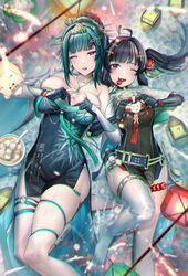  2girls ahoge black_hair breasts chinese_clothes chinese_commentary cleavage commentary dress food_in_mouth for-miku green_dress green_hair hair_ornament hanying:_zitherwoe_(punishing:_gray_raven) hanying_(punishing:_gray_raven) highres large_breasts long_hair mechanical_arms mechanical_legs multiple_girls one_eye_closed open_mouth pulao:_dragontoll_(punishing:_gray_raven) pulao_(punishing:_gray_raven) punishing:_gray_raven purple_eyes red_eyes side_ponytail single_mechanical_leg thighhighs tongue tongue_out 