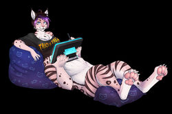  black_background breasts chakamil chakat chest_tuft fangs felid felid_taur female fish_(thecatnamedfish) fur hair herm_(lore) lying mammal mammal_taur on_back pawpads pillow pink_body pink_fur pink_nose pink_pawpads purple_hair sabertooth_(anatomy) simple_background solo striped_body striped_fur stripes taur teeth thecatnamedfish tuft 