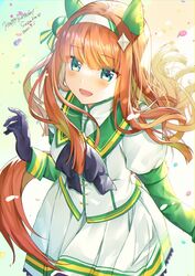  animal_ears black_bow black_bowtie black_gloves blue_eyes bow bowtie collar collared_jacket ear_covers female gloves green_collar hair_ornament hairband highres horse_ears horse_girl horse_tail jacket layered_sleeves long_hair long_sleeves looking_at_viewer open_mouth orange_hair pleated_skirt puffy_short_sleeves puffy_sleeves short_over_long_sleeves short_sleeves silence_suzuka_(umamusume) simple_background skirt smile solo star_(symbol) star_hair_ornament tail umamusume upper_body white_jacket white_skirt yam_(yamap_mako) 