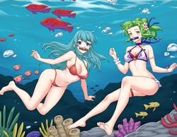  2girls aqua_hair bare_legs barefoot bikini blue_eyes breasts bubble cleavage commission coral eirika_(fire_emblem) eirika_(summer)_(fire_emblem) fire_emblem fire_emblem:_the_sacred_stones fire_emblem_heroes fish green_eyes green_hair highres igni_tion l&#039;arachel_(fire_emblem) l&#039;arachel_(summer)_(fire_emblem) large_breasts medium_breasts multiple_girls ocean official_alternate_costume outdoors red_bikini scuba_gear swimming swimsuit underwater white_bikini 