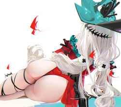  aqua_gloves aqua_headwear arknights ass clothing_cutout dress female from_behind gloves leg_ribbon long_hair low-tied_long_hair lying official_alternate_costume omone_hokoma_agm on_side orca_hair_ornament red_dress ribbon skadi_(arknights) skadi_the_corrupting_heart_(arknights) solo thigh_cutout white_background white_hair 