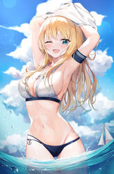  ;d absurdres anchor_necklace armband armpits arms_up ass_visible_through_thighs bare_shoulders beach bikini black_bikini blonde_hair blue_eyes boat breasts caba_(caba091) cleavage cloud cloudy_sky commentary cowboy_shot day female highres jewelry large_breasts mismatched_bikini mixed-language_commentary multi-strapped_bikini navel necklace one_eye_closed open_mouth original outdoors sailboat sky smile solo standing stomach string_bikini swimsuit thigh_gap undressing unworn_shirt wading water watercraft wet white_bikini 