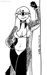  2022 anthro bikini black_and_white breasts clothed clothing ear_piercing ear_ring female fur hair hand_on_hip hi_res jewelry kelly_o&#039;dor leaning_on_wall looking_at_viewer mammal mephitid monochrome navel necklace piercing ring_piercing skunk solo swimwear tegerio whiskers zandar&#039;s_saga 