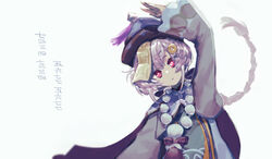  absurdres beads braid bright_pupils coin_hair_ornament commentary female floating_hair genshin_impact hair_ornament hand_up hat head_tilt highres long_hair long_sleeves looking_at_viewer mirin_chikuwa parted_lips prayer_beads purple_hair purple_hat qiqi_(genshin_impact) red_eyes simple_background solo tassel translation_request very_long_hair white_background white_pupils wide_sleeves 