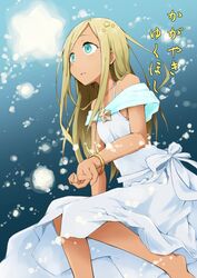  aqua_eyes blonde_hair breasts commentary_request dark-skinned_female dark_skin dress female idolmaster idolmaster_cinderella_girls kagiana layla_(idolmaster) long_hair open_mouth snow solo star_(symbol) 