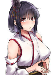  absurdres black_hair blush breasts detached_sleeves female fingers_together hair_ornament headgear highres japanese_clothes kantai_collection kiritto large_breasts long_sleeves nontraditional_miko open_mouth red_eyes ribbon-trimmed_sleeves ribbon_trim short_hair sidelocks simple_background solo steepled_fingers sweat upper_body white_background wide_sleeves yamashiro_(kancolle) 