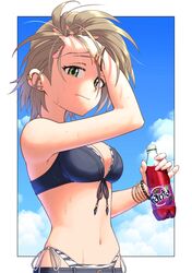  animal_print bikini bottle bracelet breasts brown_hair cloud cloudy_sky day earrings evolvingmonkey fanta female front-tie_bikini_top front-tie_top green_eyes hand_in_own_hair highleg highleg_bikini highres holding holding_bottle idolmaster idolmaster_cinderella_girls jewelry kimura_natsuki medium_breasts multiple_earrings short_hair side-tie_bikini_bottom sky smile solo swimsuit wet zebra_print 