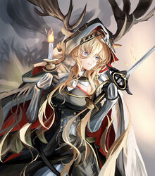  absurdres animal_ears antlers antlers_through_headwear arknights black_dress blonde_hair blue_eyes breasts candle cape closed_mouth cowboy_shot deer_antlers deer_ears deer_girl dress ears_through_headwear female fire gauntlets hair_between_eyes highres holding holding_candle holding_sword holding_weapon hood hood_up hooded_cape horns kurosabi_neko long_hair looking_away looking_to_the_side medium_breasts smile solo sparkle sword underbust very_long_hair viviana_(arknights) weapon white_cape 