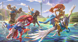  artist_name champion&#039;s_tunic_(zelda) chinese_commentary cloud commentary daruk highres holding holding_weapon link long_hair mask mipha open_mouth photoshop_(medium) princess_zelda revali shengyi_sun teeth the_legend_of_zelda the_legend_of_zelda:_breath_of_the_wild urbosa weapon yellow_eyes 