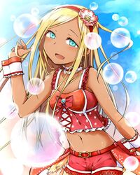  :d aqua_eyes bare_shoulders belt belt_buckle blonde_hair bubble buckle choker collarbone cowboy_shot crop_top dark-skinned_female dark_skin female flower frilled_choker frilled_shirt frills fringe_trim hairband hand_up highres idolmaster idolmaster_cinderella_girls kagiana layla_(idolmaster) long_hair looking_at_viewer microphone navel open_mouth red_belt red_choker red_hairband red_shirt red_shorts shirt shorts smile solo straight_hair tank_top tareme wrist_cuffs 