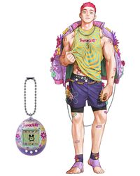  1boy aqua_eyes bandaid bandaid_on_leg bara blue_shorts clothes_lift earrings flower full_body highres jacket jacket_on_shoulders jewelry leg_hair male_focus muscular muscular_male necklace original pectorals personification pink_hair pink_jacket print_shirt purple_shorts red_flower reference_inset rinotuna shirt shirt_lift short_hair shorts sidepec sleeveless sleeveless_shirt solo standing tamagotchi tamagotchi_(virtual_pet) tattoo thick_eyebrows very_short_hair white_flower yellow_flower 