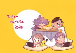  2020 3boys bob_cut bright_pupils brothers brown_eyes brown_hair chibi closed_eyes commentary_request dark-skinned_male dark_skin earrings eyelashes female food fruit gloria_(pokemon) handheld_game_console happy_new_year holding holding_handheld_game_console hop_(pokemon) jewelry kotatsu leon_(pokemon) long_hair long_sleeves mandarin_orange multiple_boys new_year nintendo_switch pikachu playing_games pokemon pokemon_(creature) pokemon_swsh purple_hair raihan_(pokemon) rone shirt short_hair siblings smile table under_kotatsu under_the_table undercut yellow_background yellow_eyes 