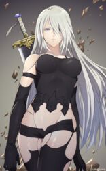  a2_(nier:automata) android bare_shoulders black_gloves black_thighhighs blue_eyes breasts closed_mouth commentary elbow_gloves female gloves highres joints long_hair looking_at_viewer mole mole_under_mouth murata_tefu nier:automata nier_(series) robot_joints shorts solo star_ocean star_ocean_anamnesis sword thighhighs weapon white_hair 