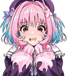  ahoge alternate_costume alternate_hairstyle animal_hair_ornament aqua_hair bad_id bad_pixiv_id bandaid bandaid_hair_ornament bear_hair_ornament beret blush breasts brooch chest_harness cleavage dot_nose female fire flame_print frills gradient_hair hair_intakes hair_ornament hairclip hands_on_own_cheeks hands_on_own_face harness hat heart heart_brooch idolmaster idolmaster_cinderella_girls idolmaster_cinderella_girls_starlight_stage jacket jewelry long_sleeves looking_at_viewer medium_hair mitche multicolored_hair oerba_yun_fang official_alternate_costume official_alternate_hairstyle open_mouth pink_eyes pink_fire pink_hair pink_jacket purple_hat purple_jacket raised_eyebrows shade simple_background skin_fang sleeves_past_wrists solo streaked_hair surprised teardrop teddy_bear_hair_ornament two-tone_hair two_side_up upper_body wavy_mouth white_background x_hair_ornament yumemi_riamu 