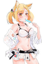  animal_ears aoinegima arknights bare_shoulders bikini bikini_skirt blonde_hair blush breasts cleavage commentary cowboy_shot female food hand_up highres holding holding_food jacket large_breasts long_sleeves looking_at_viewer microskirt navel off_shoulder official_alternate_costume open_clothes open_jacket pleated_skirt popsicle short_hair simple_background skirt solo sora_(arknights) sora_(summer_flowers)_(arknights) standing stomach swimsuit twintails white_background white_bikini white_jacket white_skirt wolf_ears yellow_eyes 