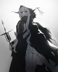  arknights backlighting black_cloak black_eyes buttons cloak commentary covered_mouth cowboy_shot demon_horns double-breasted female grey_background grey_hair highres holding hood hood_up hooded_cloak horns horns_through_headwear long_hair looking_at_viewer mirin_chikuwa one-hour_drawing_challenge shining_(arknights) sidelocks simple_background solo standing very_long_hair white_background 