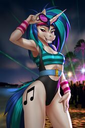  2020 2:3 5_fingers 80&#039;s_theme absurd_res accessory anthro anthrofied belt bikini blue_hair breasts clothing cropped_tank_top crowd cutie_mark equid equine exercise eyebrows eyewear female fingers friendship_is_magic glasses grin group hair hair_over_shoulder hand_on_leg hand_on_own_leg hand_on_own_thigh hand_on_thigh hasbro headband hi_res holding_eyewear holding_glasses holding_object horn lights mammal musical_note my_little_pony mykegreywolf mythological_creature mythological_equine mythology night one-piece_swimsuit outside palm_tree plant purple_eyes raised_eyebrow shirt sling_bikini smile solo_focus sunglasses sweatband swimwear tank_top topwear tree unicorn vinyl_scratch_(mlp) waist_belt water workout workout_clothing 