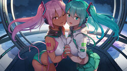  2girls :d abubu ai-assisted aqua_eyes aqua_hair aqua_nails artist_name bikini breast_press breasts cabin cheek-to-cheek cloud commentary_request cropped_shirt dark-skinned_female dark_skin green_bikini green_skirt gyaru hair_between_eyes hatsune_miku heads_together headset high_collar highres horizon kogal large_breasts looking_at_viewer making-of_available midriff multiple_girls night night_sky one_eye_closed pink_hair pink_nails pleated_skirt sakura_miku shirt short_sleeves skirt sky sleeveless sleeveless_shirt smile star_(sky) starry_sky swimsuit symmetrical_docking twintails vocaloid white_shirt 